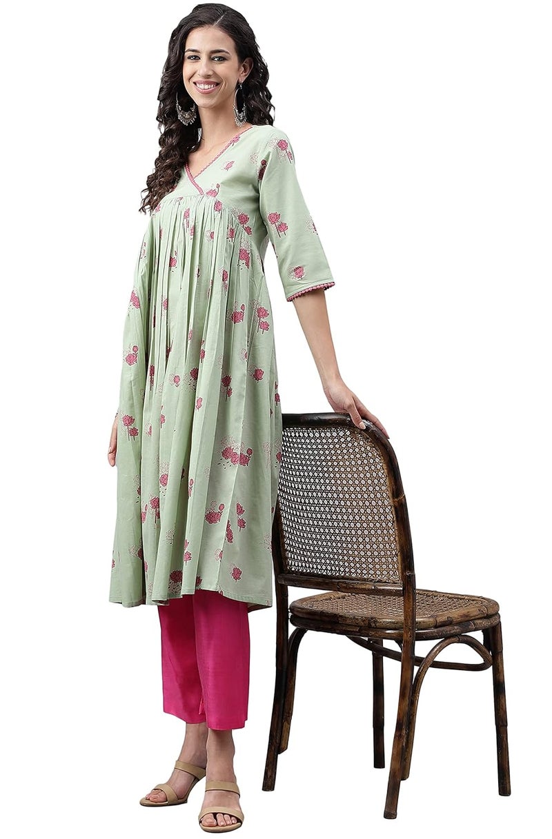 Janasya Women's Light Green Cotton Floral Printed Flared Kurta - Image 4